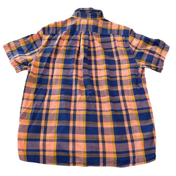 NWOT ROWM Size Large 100% Cotton Short Sleeve Plaid Shirt Peach Navy Blue Collar - Picture 2 of 8